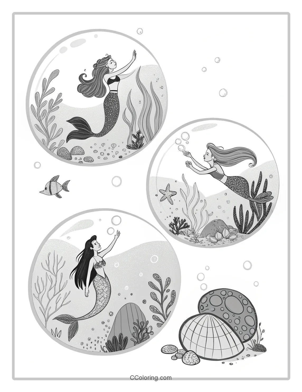Monochrome Mermaid Scenes with Basic Bubble Borders